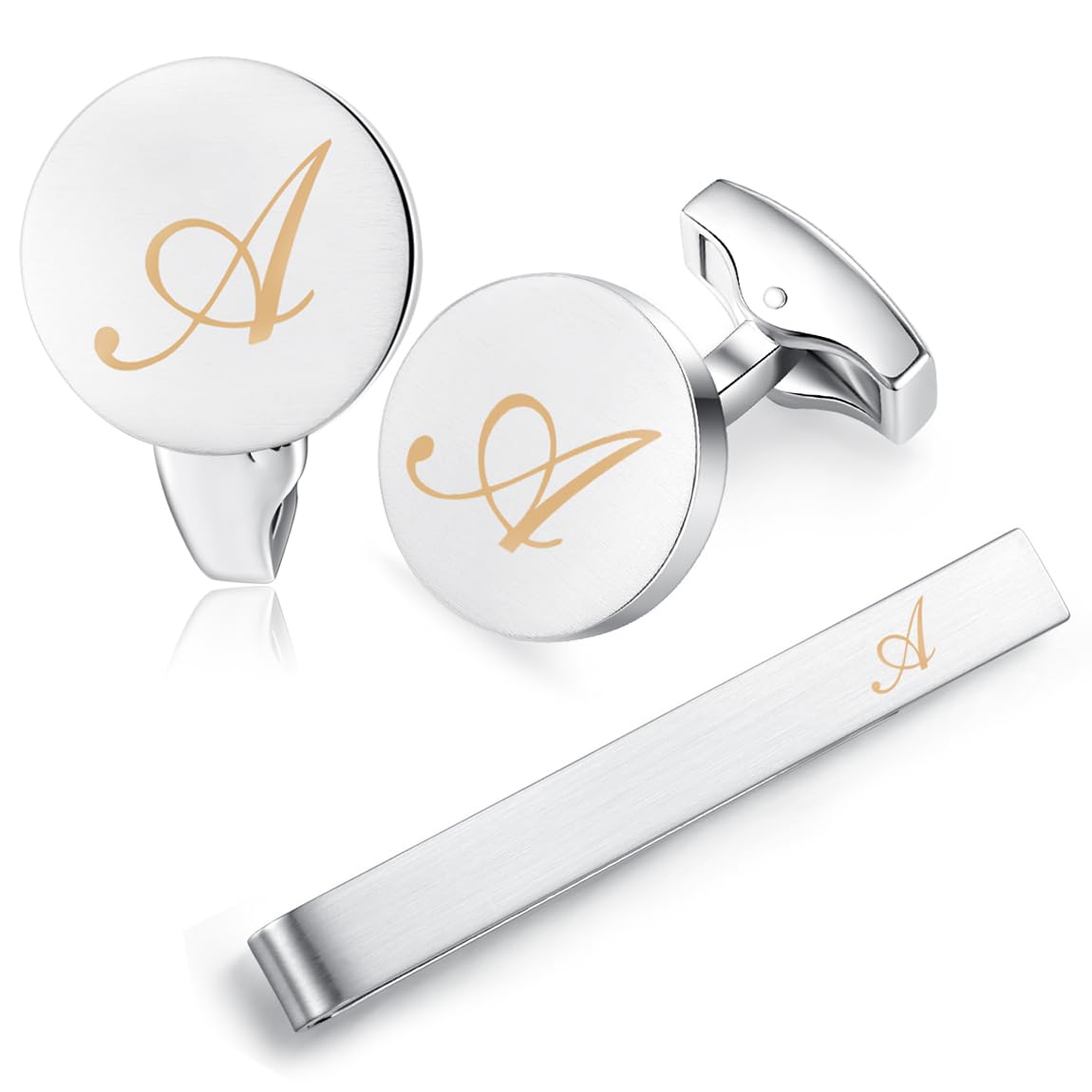 HONEY BEAR Carta Inicial Alfabeto Gemelos & Clip Pasador de Corbata Pisacorbatas - Acero Inoxidable para la Camisa de los Hombres Regalo de Boda del Negocio Plata