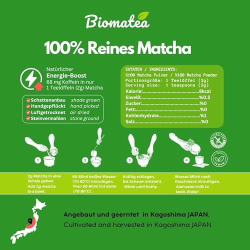 Biomatea 50g Matcha Ceremonial Grade aus Japan – 100 % natürlich, pestizidfrei & getestet – Steinvermahlen – Japanisches Premium Moegi Matcha-Tee-Pulver