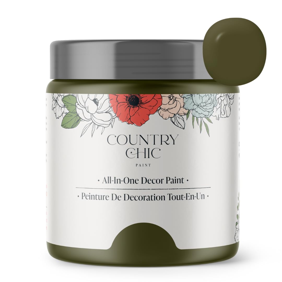 Country Chic All-in-One Chalk Paint for Furniture, Cabinets, Home Decor, Eco-Friendly, Matte Finish, Built-In Primer & Top Coat for Wood, Metal - Neverland (Olive Green) - Pint 16 oz (475 ml)