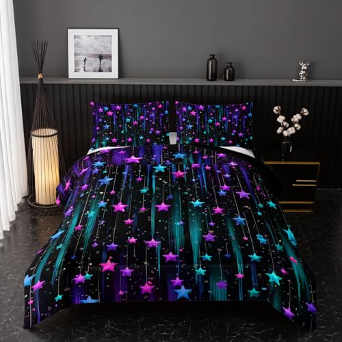 Image of Nttopship Colorful Stars Comforter Set Twin Size,Galaxy Starry Printed Bedding Set for Men Women Adults,Colorful Stars Room Decor with Soft and Lightweight Comforter and 2 Pillowcases