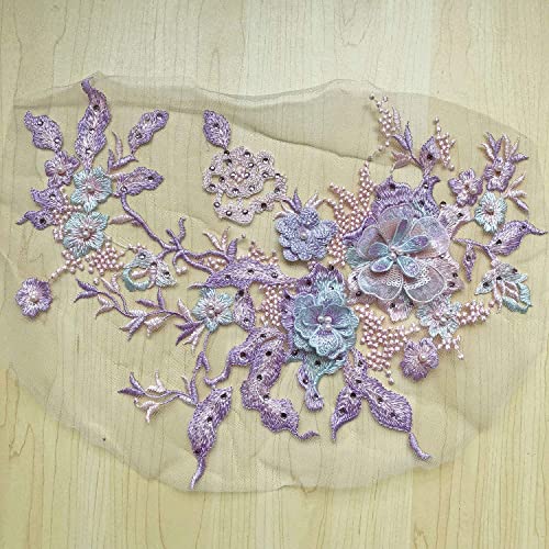 Blossom 3D Flower Applique, Beaded Sequins Flower Lace Patch Bridal Wedding Dress Embossed Beading Embroidery Lace Appliques Motif Sewing Craft(Purple) #TOP6
