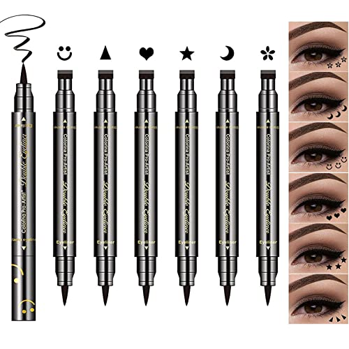 6 Styles/Set stamp eyeliner pen set, Double Head Stamp Liquid Eyeliner Pen, Waterproof Smudge-proof Makeup Winged Eyeliners and 6 Shapes Stamps - Heart/Moon/Star/Flowers/Smiley/Triangle