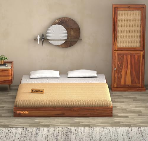 Image of SUNCOM Sheesham Wood Low Height Queen Size Bed Without Storage Wooden Double Bed Cot Palang for Bedroom Living Room Furniture (Honey Finish)