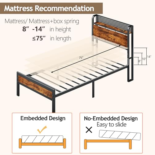 Image of Furnulem Twin Bed Frame with Headboard,Charging Station and LED Lights