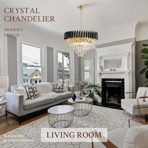 Image of Modern K9 Crystal Chandeliers Gold -Round Crystal Chandelier for Living Room Colors.Warm White, Moon Light,Golden,Led Plate Included (Black Gold, 600MM)