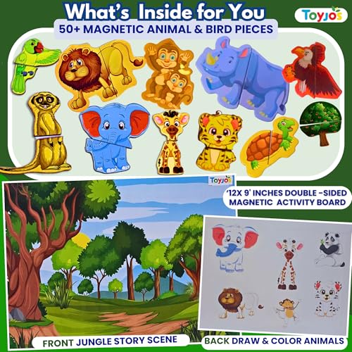 Image of Wooden Magnetic Wild Animal Puzzle for Kids | 50+ Pieces Strong Magnetic Jigsaw with Wooden Board | Educational Learning Toy for Boys-Girls (Multicolor, Ages 2-7 Years)