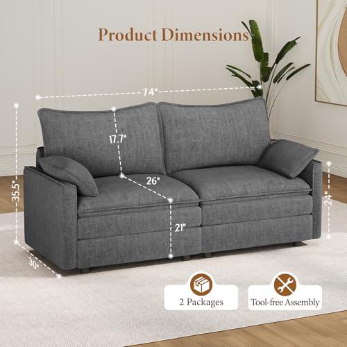 Image of Vesgantti 74 inch Loveseat Sofa for Living Room, Comfy Cloud Couch Deep Seat Chenille Modern 2 Seater Small Sofa with Armrest Pillow, Easy Assembly for Small Spaces, Gray