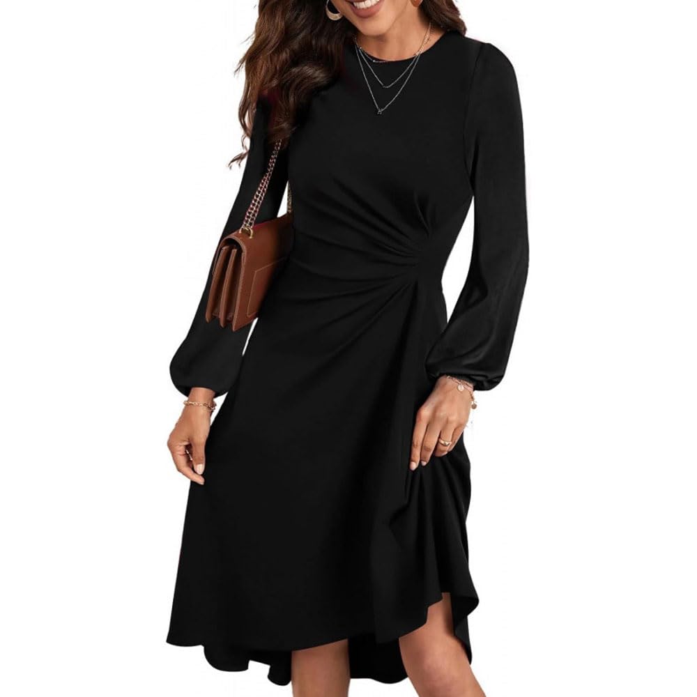 Vestito Donna Elegante Manica Lunga Con Volant - Abito Bodycon Midi Boh&eacute;mien