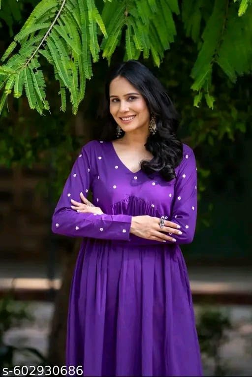Image of Women's Long Kurta Set with Pant Polka Dots, Embroidered, V-Neck Empire Waist, Full Sleeves