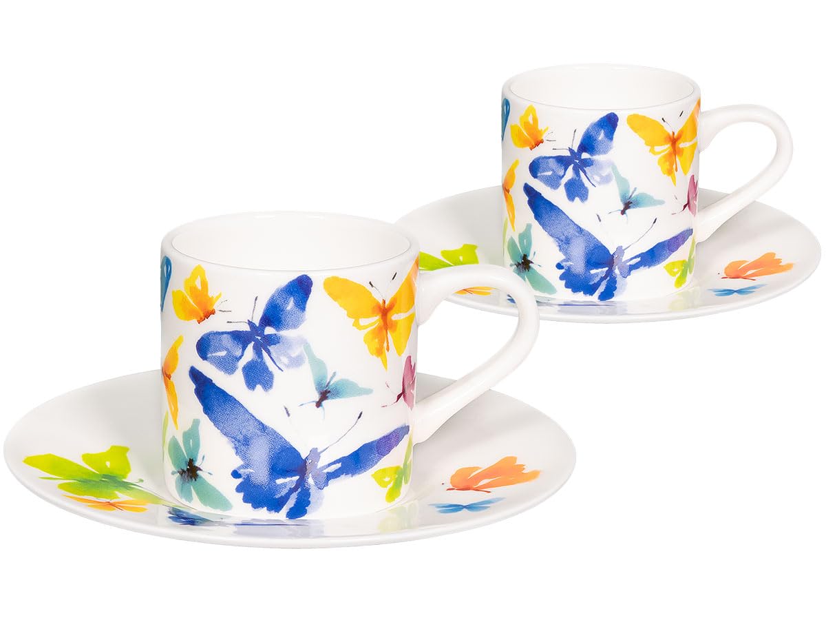 Könitz Espresso Tassen Set Victoria Lowe - Butterfly. 4 Kaffeetassen 65ml aus Fine Bone China Porzellan. Espressotassen modern, bunt