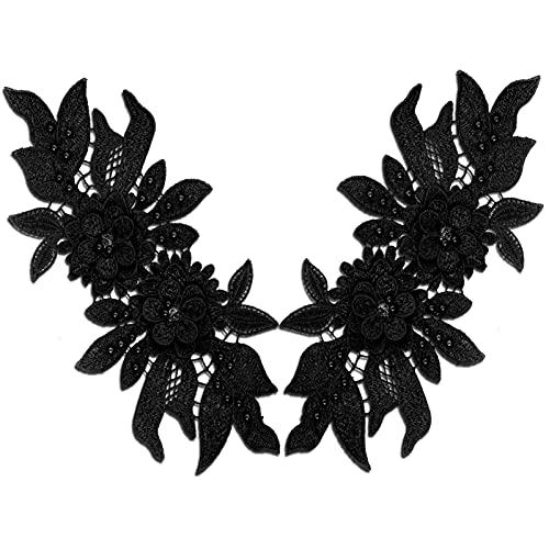 1 Pair 3D Lace Applique, Sew On Flower Bead Patches Embroidery Floral Motif Beaded Rhinestones Lace Trim Fabric Pearl Appliques Sewing Wedding Bride Dress Veil Clothes Decor (Black) #TOP28
