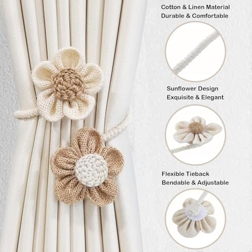 Image of Catchy Rope White & (Set of Brown Holders Holdback 2) Curtains Tieback Drapery Jute Tiebacks. Natural Decorative Window Neutral Combo Curtains Floral Curtain Beautiful (6, Jute)