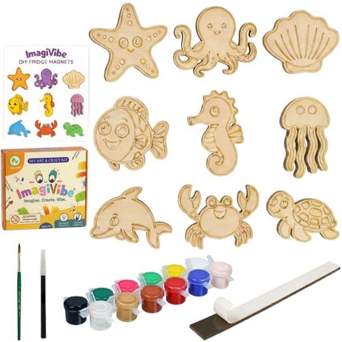 Image of ImagiVibe Paint Your Own 9 Sea Creatures Fridge Magnet DIY Kit for Kids | Ocean Theme MDF Painting Craft Set | Creative Art & Craft Activity | Made in India (Sea Creatures)