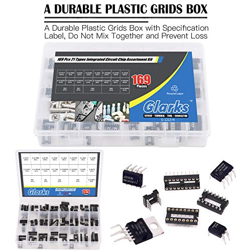 Glarks 169Pcs IC Chip Assortment opamp, oscillator, pwm, PC817, NE555, LM358, LM324, JRC4558, LM393, LM339, NE5532, LM386, TDA2030, TDA2822, PT2399, UC3842, UC3843, ULN2003, ULN2803