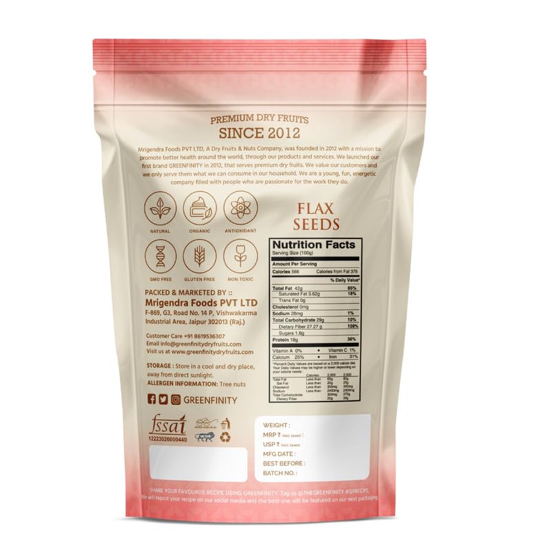 Image of GreenFinity Flax Seeds | Natural, Raw and Healthy Superfood | Rich in Omega-3, Dietary Fibre and Antioxidant | Alsi Beej for Weight Loss, Digestion, Immunity Booster, Smoothies, Baking, Snacks (500g)