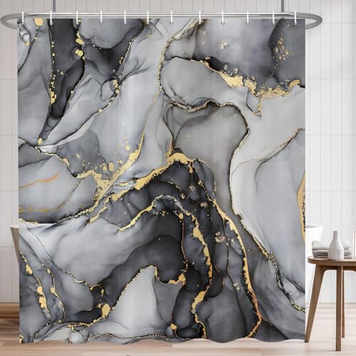 CRTPOD Black Marble Shower Curtain Modern Abstract Luxury Black Gold Ink Texture Watercolor Art Bathroom Curtains Ombre Machine Washable Waterproof Fabric Bathtub Curtain Set with Hooks 72 Wx72 L