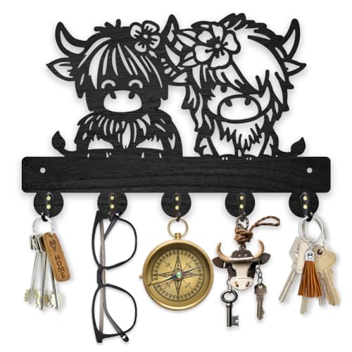 MAYJOYDIY Wooden Calf with Flower Key Holder for Wall 30x20cm Small Cows Wall Mounted Key Rack Animal Theme Coat Hat Hook 5 Alloy Hooks for Entryway Front Door Hallway Wall Art Decor