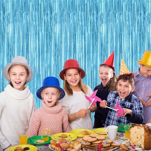 Image of 4 Pack Party Decorations, 3.28 FT x 7.05 FT Blue Foil Streamers, Metallic Sky Blue Backdrop Fringe Curtains Bithday Back Drop, Winter Backdrop for Party Supplies Door Decor Hanging