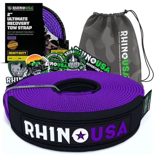 Image of Rhino USA Recovery Tow Strap (2 inch x 20') - 20,024lb Break Strength - Emergency Recovery Strap Tow Rope for UTV, ATV & More - Heavy Duty Towing Strap for Offroad 4x4 Use - Compatible with RZR and Can-Am