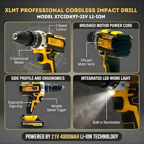 Image of XLNT 21V Cordless Impact Drill Set with 2 Batteries and Fast Charger, 3-in-1 Drill /Screwdriver /Impact Mode, 2-Speed, LED Light,10mm Chuck, Accessories Kit & Carry Case