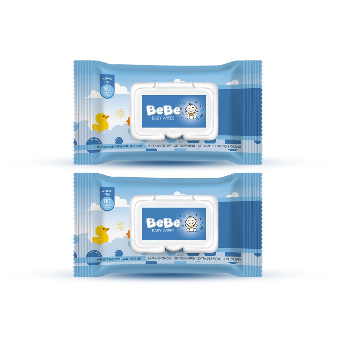 BeBe Baby Wipes, Blue - Pack of 2 (160 Count) Alcohol free, soft and strong, refreshing scent, 15 cm x 20 cm (160 Count (Pack of 2)-image-2
