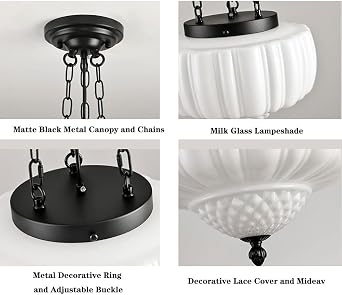 BODHIS Pumpkin Shape Hanging Lamp - Industrial Pendant Light with White Glass Drop Ceiling Light. Adjustable Height, 1 Light Chandelier for Kitchen Island, Vintage Loft Lighting Fixtures.