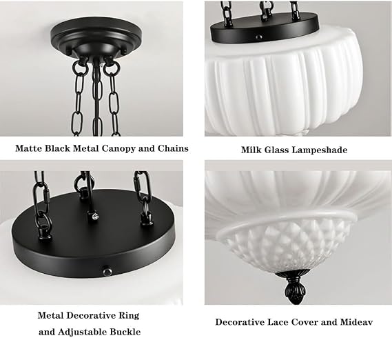 BODHIS Pumpkin Shape Hanging Lamp - Industrial Pendant Light with White Glass Drop Ceiling Light. Adjustable Height, 1 Light Chandelier for Kitchen Island, Vintage Loft Lighting Fixtures.