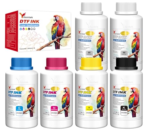Yitentek Low-Sediment DTF Ink 1500ML DTF Transfer Ink for PET Film Pigment Ink Refill for P600 P800 DX5 XP600 4720 i3200 i1600 5113. High Fluidity, Whiteness & Coverage, (250ml x 6, 2Wh+CMYK)