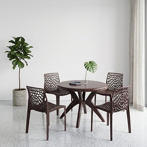 Image of Supreme Web Chair & Marina Table 5-Piece Set | Heavy Duty Plastic 4-Seater Dining Set for Living Room, Garden, Cafe & Outdoor Balcony, Color: Globus Brown