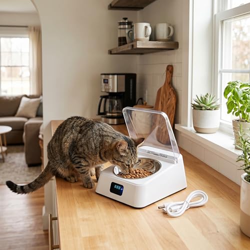 Futterautomat Katzen, Automatischer Haustier Futterspender Katzennapf mit Edelstahlnapf Infrarotsensor für Haustiere Trocken- und Nassfutterautomat Mit Offenem Deckel