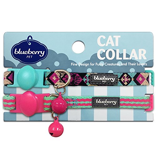 Blueberry Pet Geometric Design Breakaway Cat Collars With Bell, 2 Pack, Blue & Pink, Adjustable Collar For Boy Girl Cats, Neck 9"-13" #TOP1