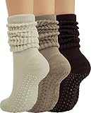 BomKinta Pilates Socks with Grips for Women Yoga Grippy Slouch Scrunch Sock Slipper Socks for Barre Workout Hospital Gifts Size 5-11 3 Pairs Beige Coffee Brown
