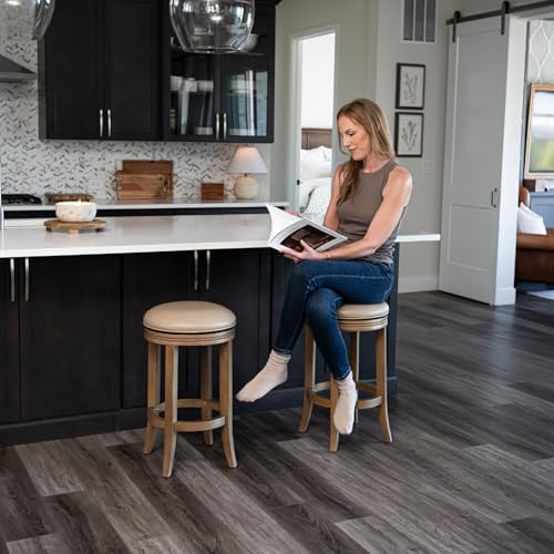 Maven Lane Eva Counter Stool 26 Inches – Round Swivel Stool with Footrest – Brown Solid Wood and Beige Faux Leather Upholstery – Perfect for Kitchen Islands and Counters - Thumbnail 2