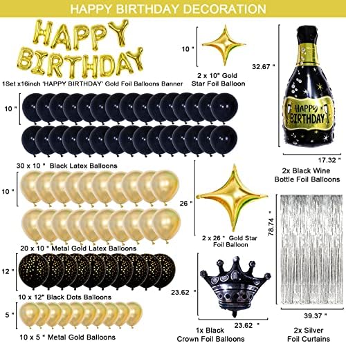 Happy Birthday Decorations for Men, Black and Gold Bday Party Decorations for Men Women Boys Happy Birthday Banner Balloons with Silver Foil Fringe Curtains,Party Supplies for 30th 40th 50th 60th 70th