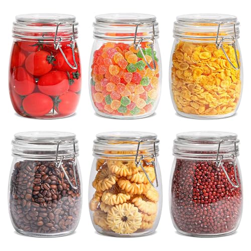 Image of Glass Storage Jars with Clip Lid, Airtight Clear Food Containers for Dry Food, Coffee Beans, Cereal, Spices, Sugar & Pasta, Round, 750ml, Pack of 6