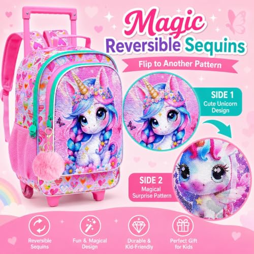 Image of CCJPX 18 inch Unicorn Rolling Backpack for Girls, 3Pcs Kids Wheeled Bookbag with Lunch Box, Lightweight Roller School Bag for Elementary Preschool (Pink)
