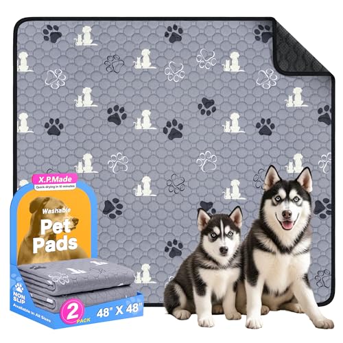Image of Washable Pee Pads for Dogs, 2 Pack Reusable Puppy Pads, Waterproof Pet Pee Pads for Dog Potty Training, Extra Large Dog Pee Pads for Crate, Playpen, and Whelping, Durable and Absorbent, Gray 48 inchx48 inch