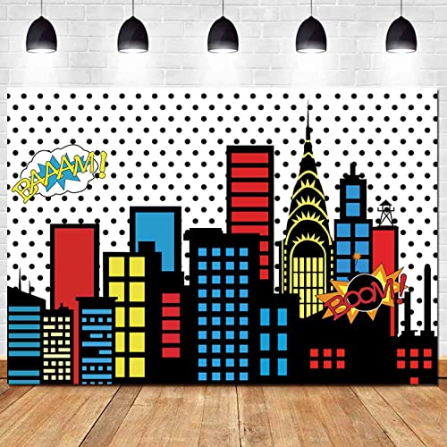 HQM Super City Photography Backdrops Skyline Buildings City Boom Photo Background Fabric Children Birthday Newborn Baby Shower Party Banner Studio Photo Props, 5x3ft(150x100cm)