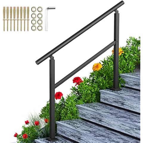 SPACEEUP Handrails for Outdoor Steps,4 Step Handrail Fits 0 to 4 Steps Aluminum and Iron Handrail Stair Rail,Transitional Handrail with Installation Kit,Matte Black Hand Rails for Outdoor Steps Cover