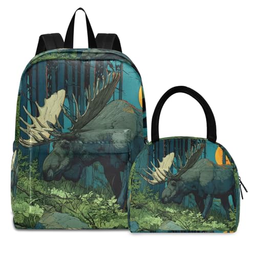 Backpack Lunch Box Set Large Capacity Travel Backpacks and Insulated Lunch Bag for Commute Hiking Picnic Anime Moose Print