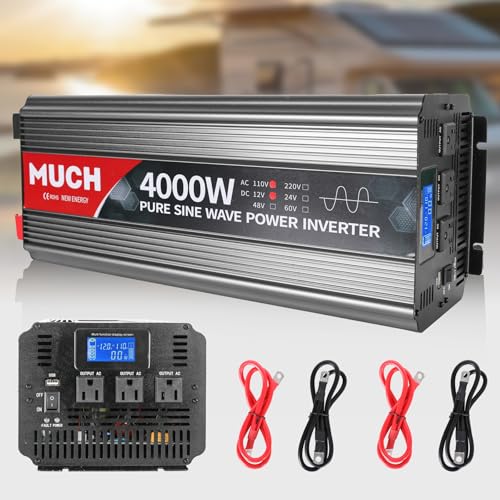 4000W Car Pure Sine Wave Power Inverter DC 12V to AC 110V 120V Solar Converter with USB Port LCD AC...