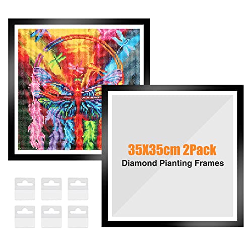 NAIMOER Upgraded 2Pack Diamond Painting Frames for 35x35cm Canvas Magnetic Art Frame Self-Adhesive With Hooks for Wall Window Door (Black)