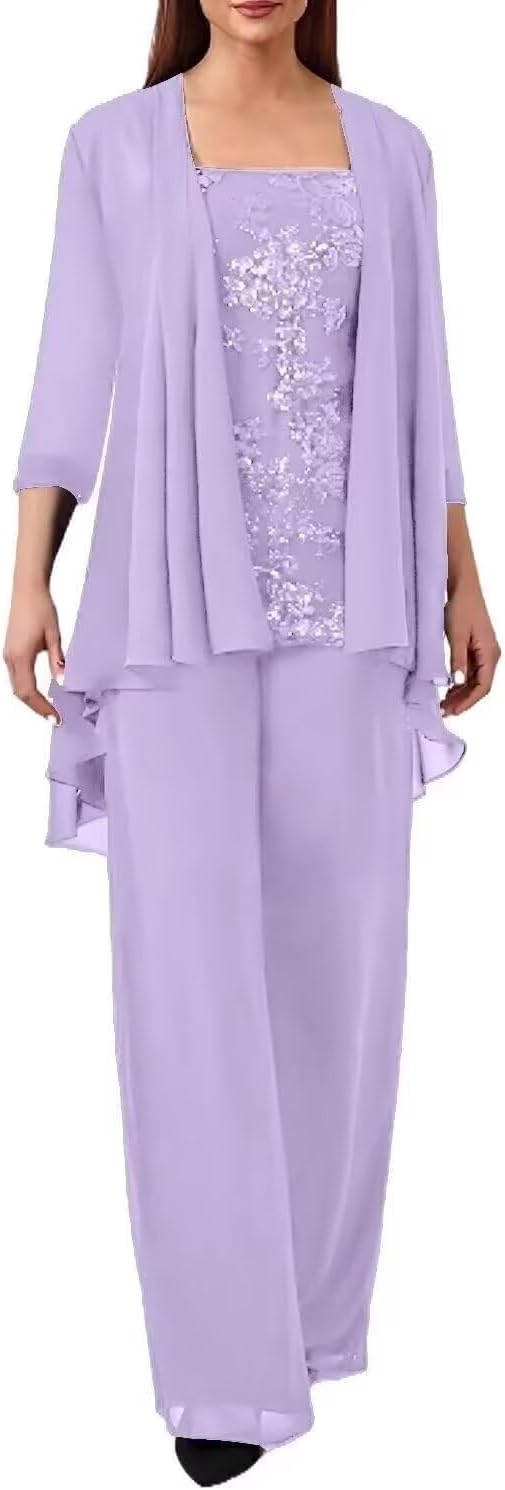 Mother of The Bride Pant Suits for Women Dressy - 3 Pcs Lace Applique Formal Wedding Gust Pantsuits with Jacket