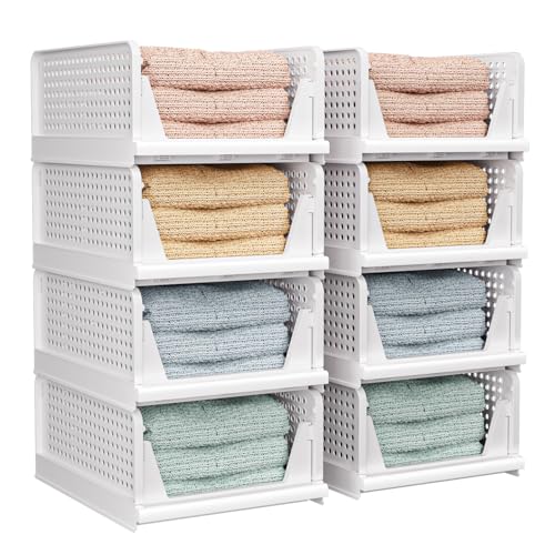 Image of CTSNSLH 8 Pack Closet Organizers Stackable Storage Box | White stackable plastic drawer bins for closets, wardrobes, kitchens, bathrooms, offices