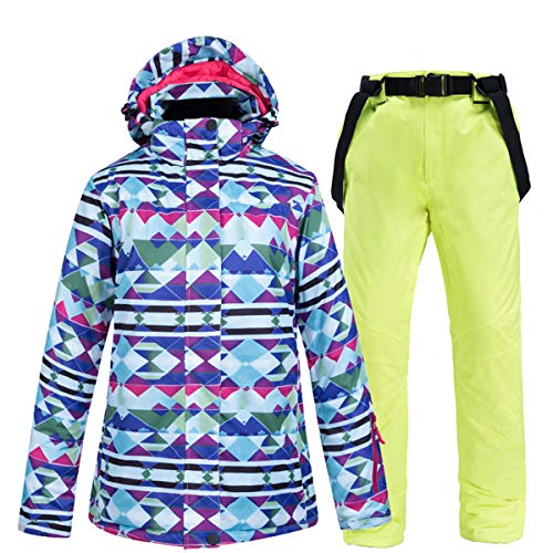 Women's Outdoor Mountain Colorful Ski Jacket Windproof Waterproof Snow Snowboard Coat with Ski Bib Pants Set L
