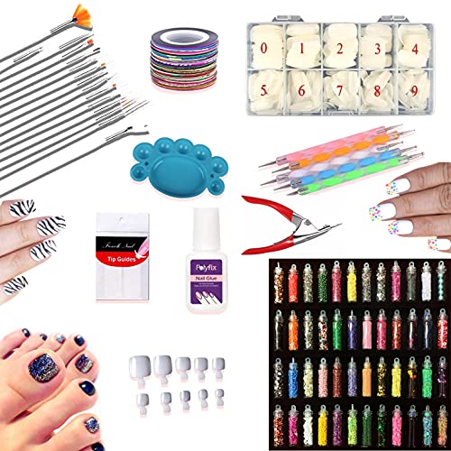 Coslifestore-Nail art studio kit for girls-with Nail Extension set (Set of 1080 pcs) 48 Nail Art Glitter, 5 Dotting Tool,15 Nail art Brushes, Palette, 5 Adhesive Nail Striping Tape, nail glue, 4 French strips, 1000 fake nail tips, toe extensions, tip cutter