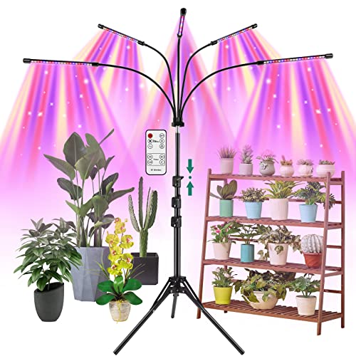 AMBOR Grow Lights for Indoor Plants with Stand, [5-Heads] Floor Plant Light, 150W Full Spectrum LED Plant Grow Lamp with 4 8 12H Timer, 10 Dimmable Brightness, Remote Control and Auto ON/Off