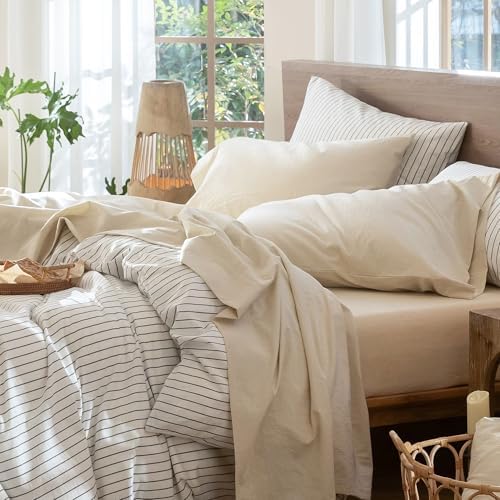 MooMee Sheet Set 100% Washed Cotton Linen-Like Extra Deep Pocket Queen
