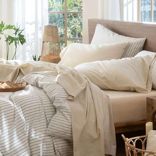 Image of MooMee Sheet Set 100% Washed Cotton Linen-Like Extra Deep Pocket Queen | Relaxed Linen-like Texture. Soft, Breathable & Lightweight Comfort. 15-19 inch Extra Deep Pocket with All-around Elastic