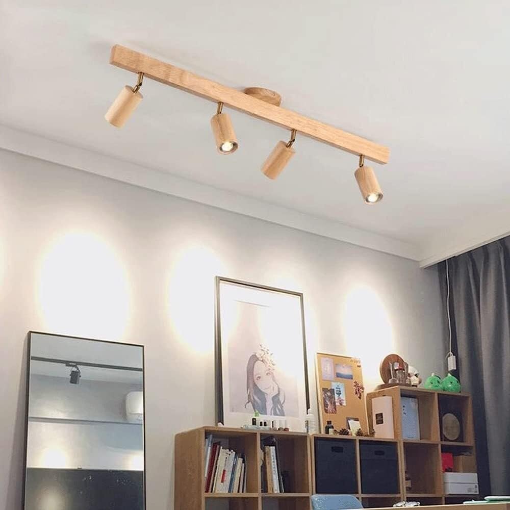 Kit de iluminación LED de riel ajustable, moderno foco colgante lineal direccional para techo, lámpara de techo de madera para cocina rústica o de estilo campestre, T-155 (4 luces) con rotación de 360